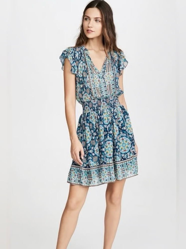 Shoshanna Anime Blue Floral V-Neck Boho Smocked Waist Mini Dress Size 6